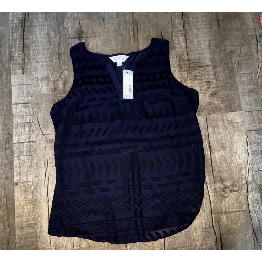 Market &‎ Spruce Navy Blue Lzide Textured Print Sleeveless V-Neck Top Medium NWT